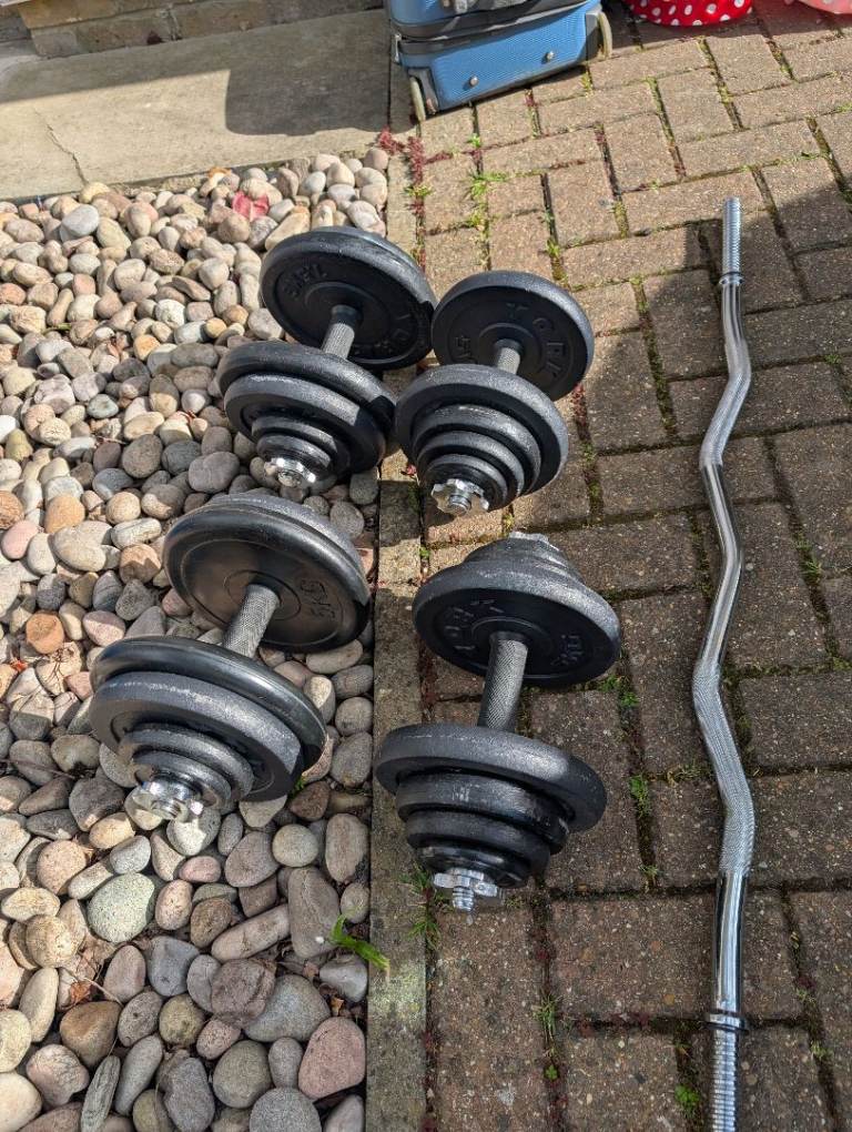 York Fitness Cast Iron Weight Bundle - 85kg+ Total (Spinlock Dumbbells, EZ Curl Bar, Plates)