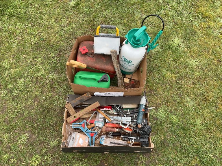 2 Boxes of Mostly Tools - To Include Electric Screwdriver, Sprayer and Marples Spirit Level