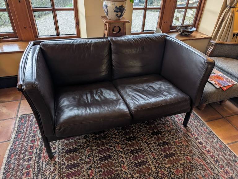 Gorgeous brown leather 2 seater sofa with wood frame