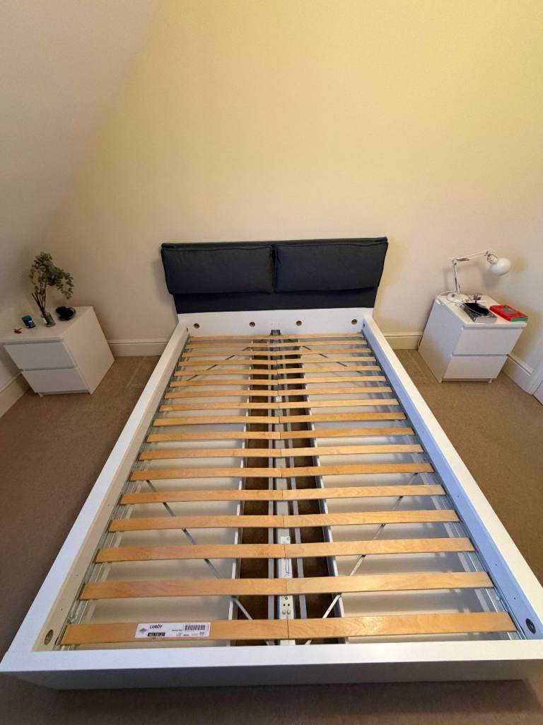 King-size bed frame with 4 storage boxes and headboard cover