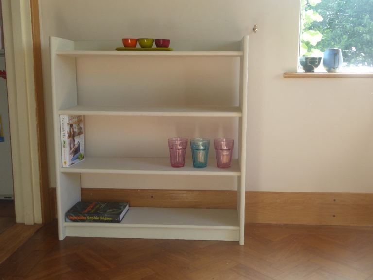 Bookcase 90.5cm H x 84cm W painted Grey with Motif painted on sides - 4 bookshelves - Shabby Chic