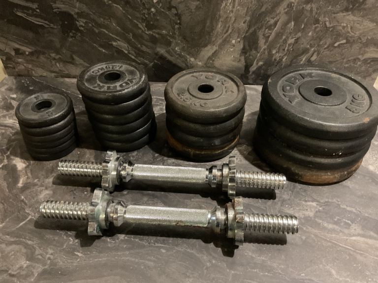 York 2 dumbbells bars, weights and spin lock collars 40.5kg 