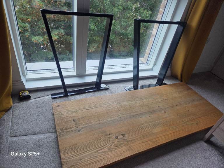 Solid Wood Desk with Black Metal Legs – Good Condition