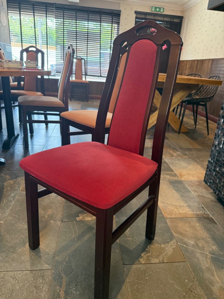 Solid Wood restaurant Dining Chairs - Red and Orange Fabric - Good Condition