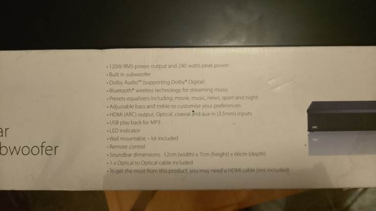 JVC SOUNDBAR WITH BUILT IN SUBWOOFER 