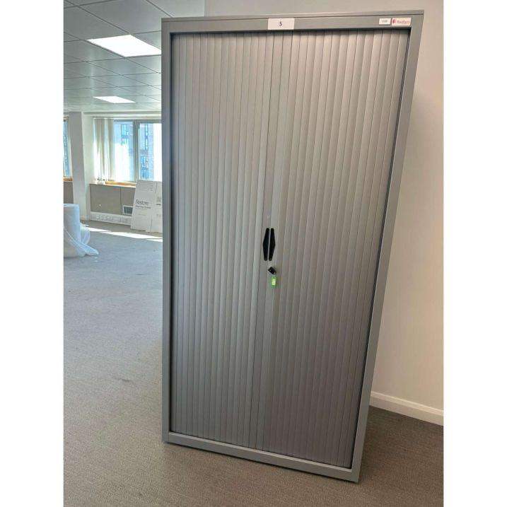 Second Hand Flexiform Tambour Cupboard has a silver steel carcase, Good Condition