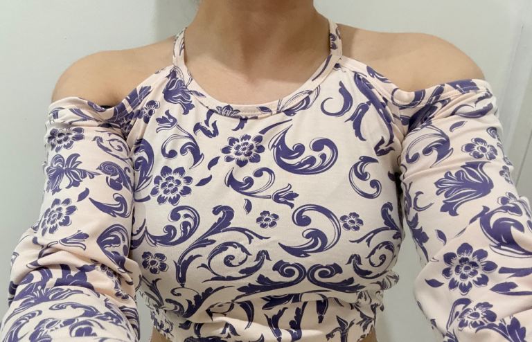 Cold Shoulder Long-Sleeve Top – Floral Cream & Purple Pattern - As good as new (never worn)