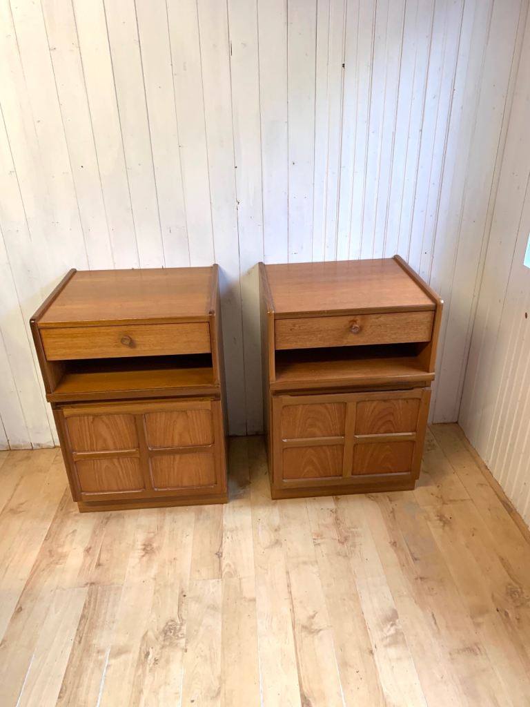 Pair of Nathan vintage teak bedside cabinets tables vinyl storage cupboard 