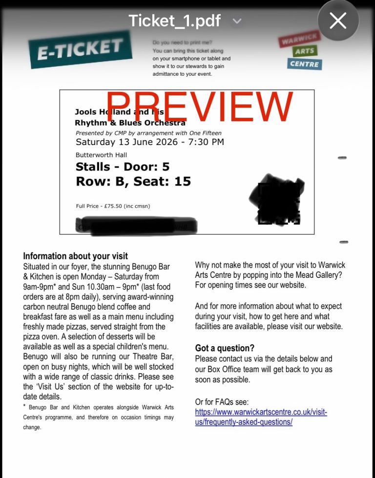 2 JOOLS HOLLAND TICKETS - 2nd row