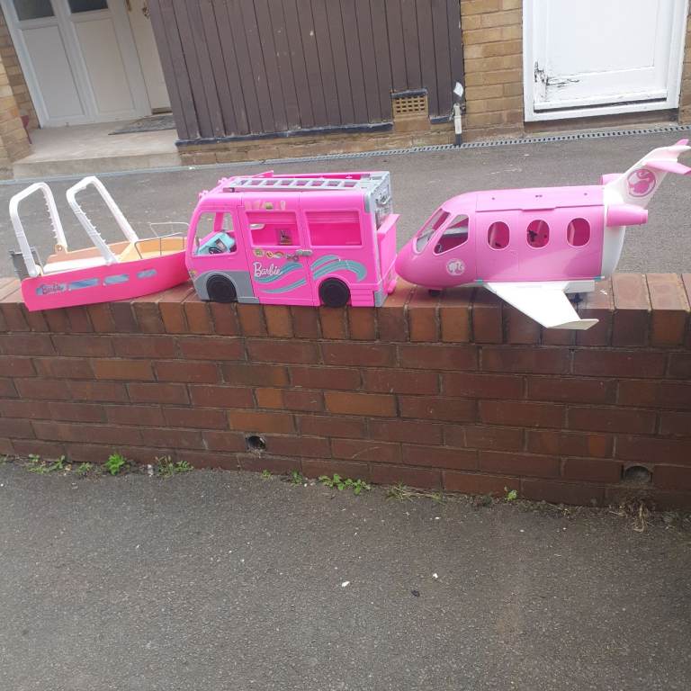 Barbie Aeroplane, Camper Van & Speed Boat , 1 Doll , Good Condition, Great Fun For Kids, Clean. 