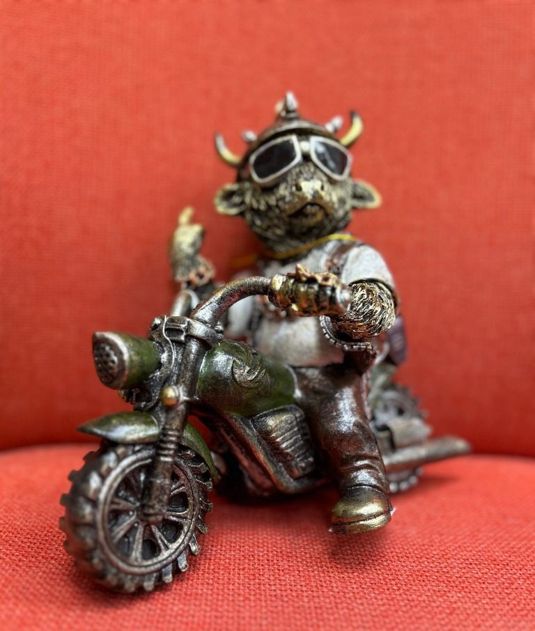Cool Biker Cow Figurine on Motorcycle
