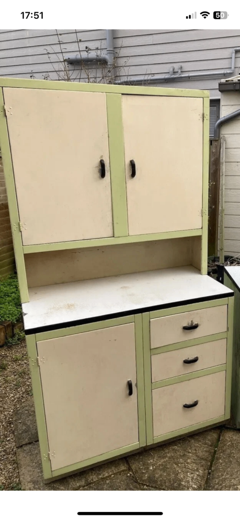 Late 1940’s Sheet Aluminium Kitchen Dresser Drawers Enamelled Tops