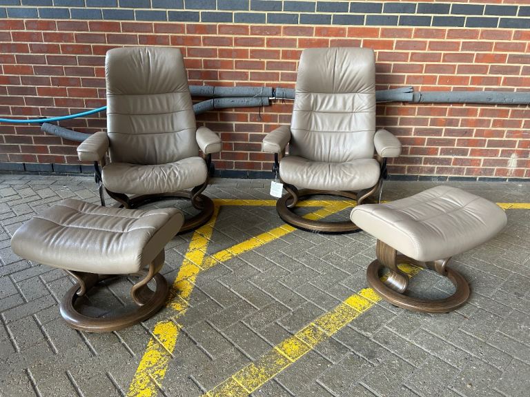 Ekornes Stressless Opal Mole Leather Chairs & Footstools Medium Size Pair 2020