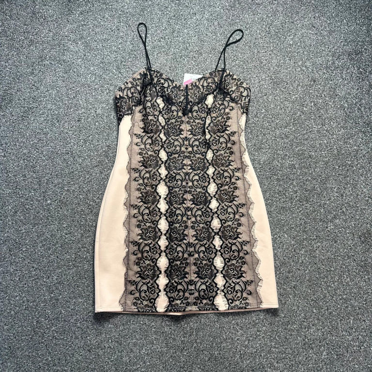 Nude & Black Lace Bodycon Mini Dress Spaghetti Strap Party
