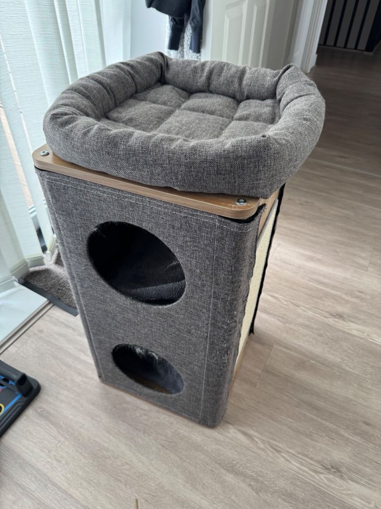 Grey cat tower with bed and scratching post