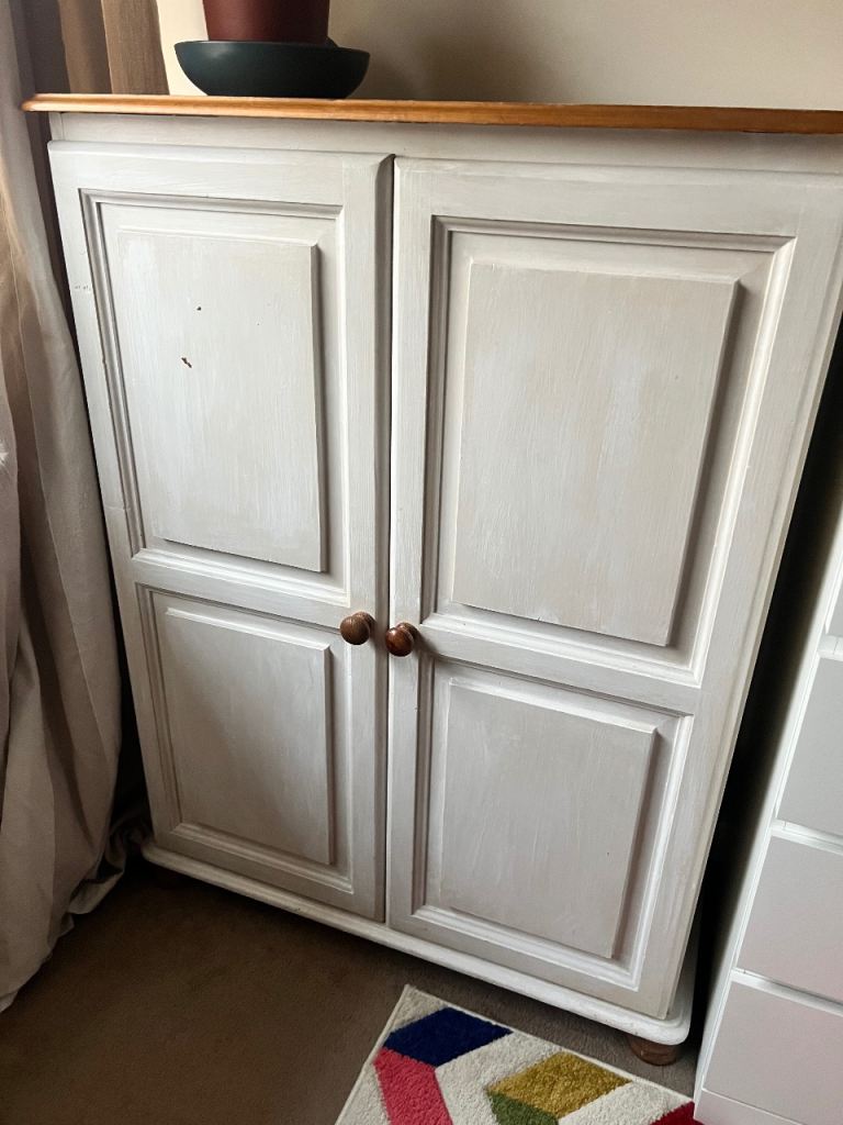 Wooden Wardrobe with Hanging Rail – White/Pine, Good Condition