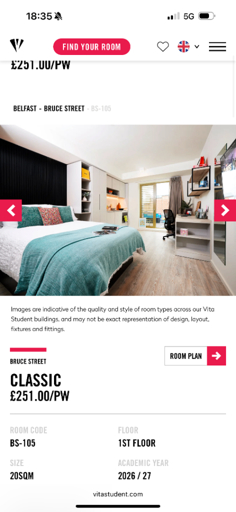 Vita accommodation Belfast Classic room Sep 2026- Jul 2027