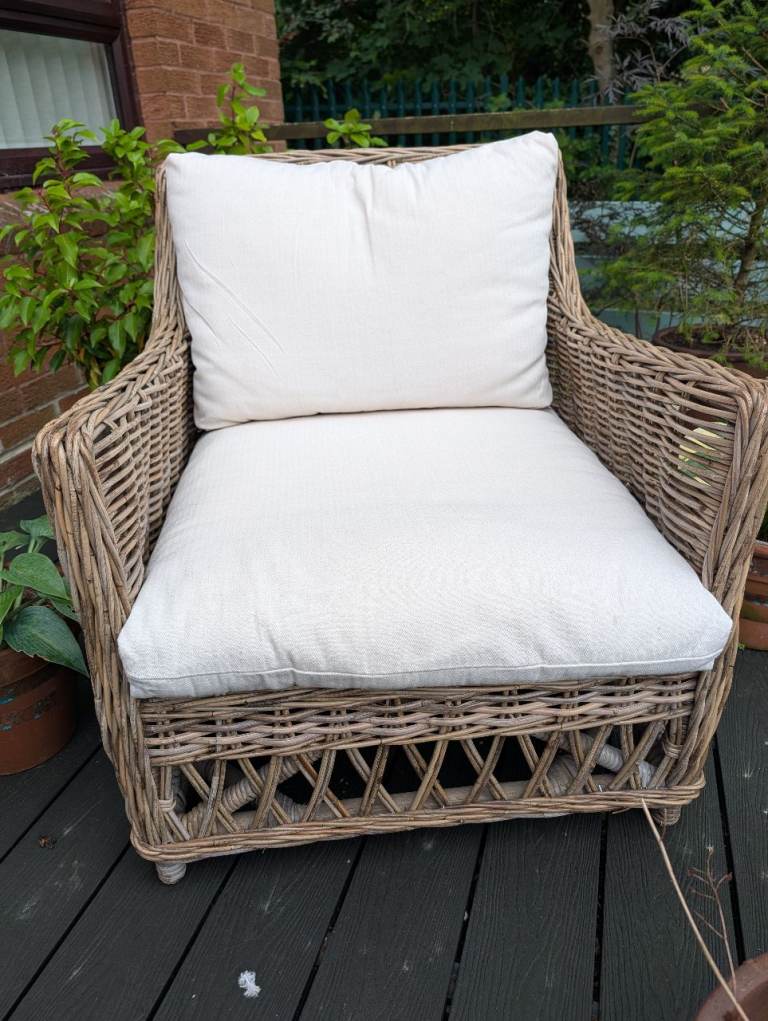 Wicker Armchair and Footstool with Cushions – Good Condition