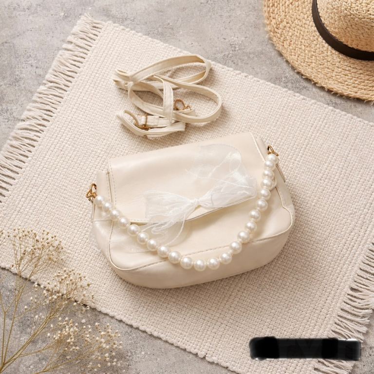 New Cream Handbag with Pearl Strap and Bow Detail