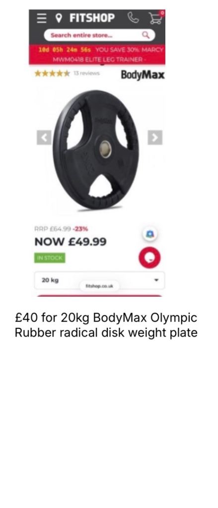 £40 for 20kg BodyMax Olympic Rubber radical disk weight plate
