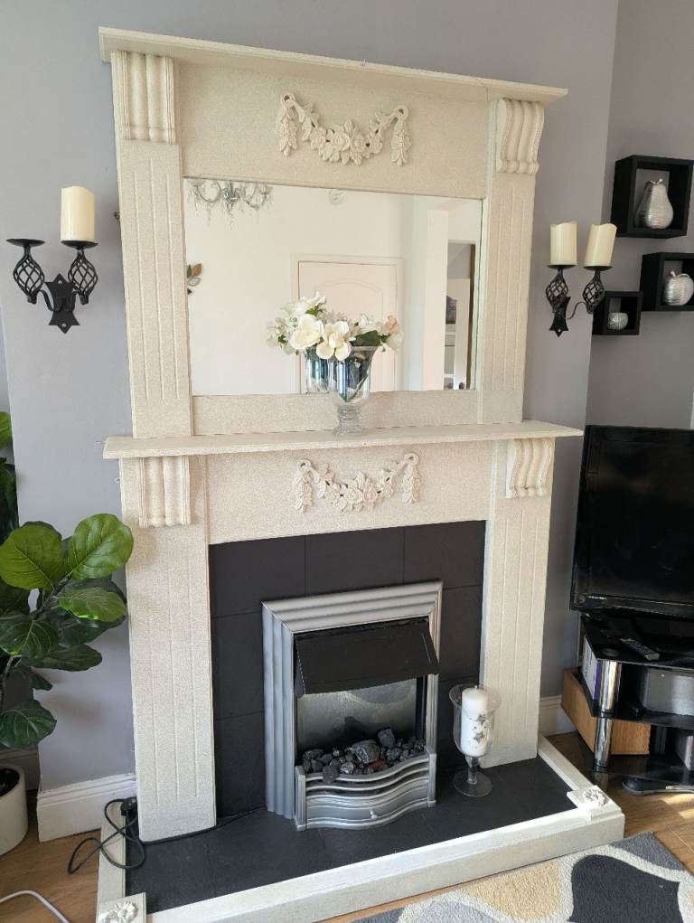 Stone Effect Wooden Fireplace with Integrated Mirror – Good Condition