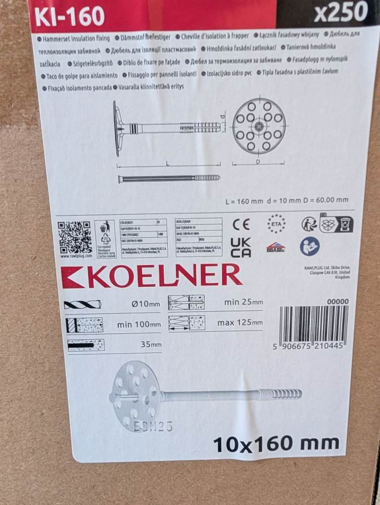 192 Koelner Plastic Hammerset Insulation Fixings For 100mm Panels 