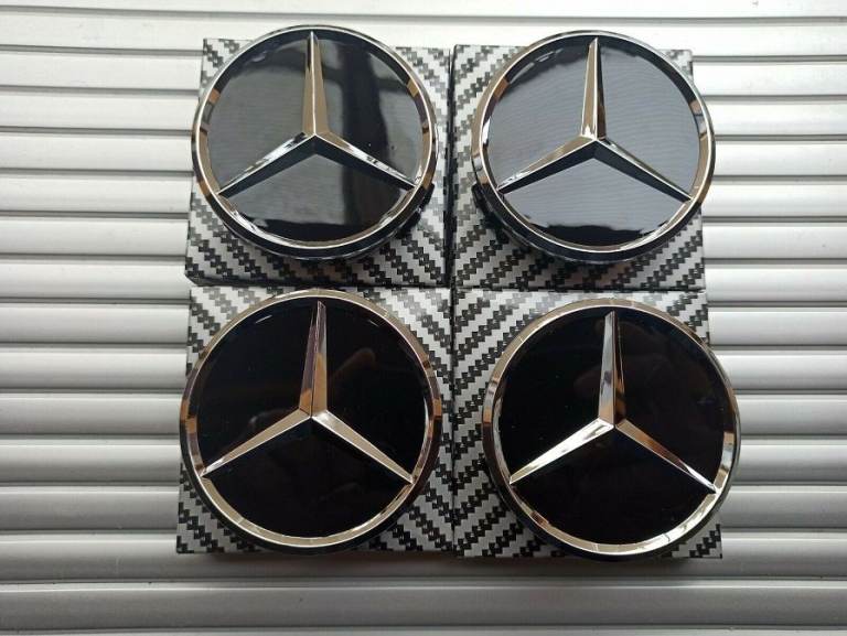 4x Mercedes Black Alloy Wheel Centre Hub Caps