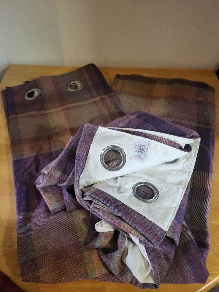 Pair of Next purple checked lined curtains. VGC