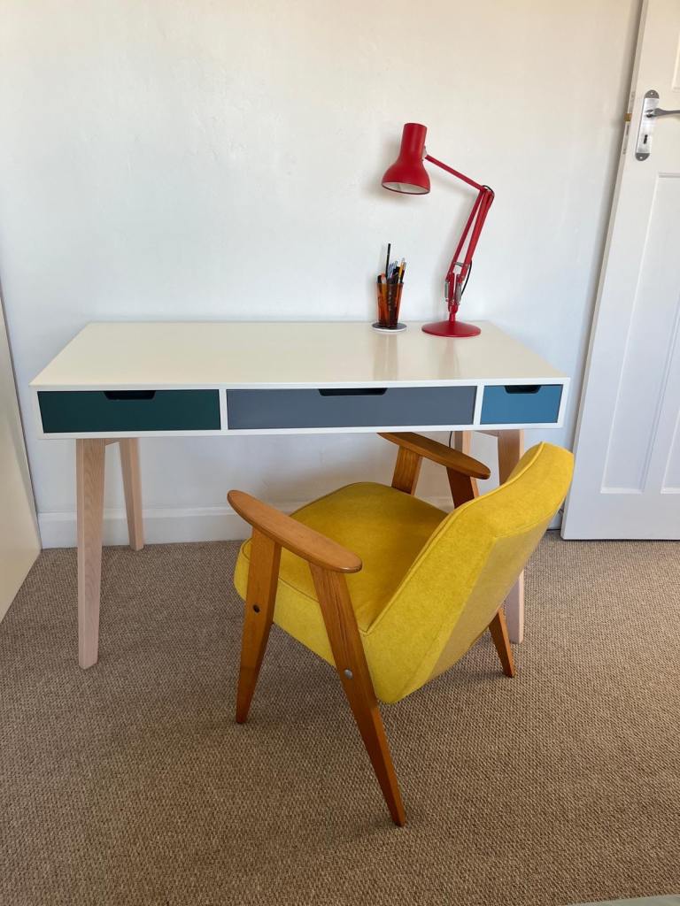 Scandinavian Style Desk with 3 coloured Drawers White top Oak splayed legs RRP £350