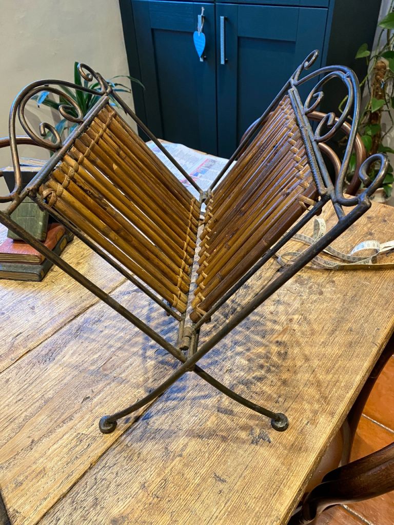 Vintage folding metal and bamboo magazine rack . 16 x 15Ins 