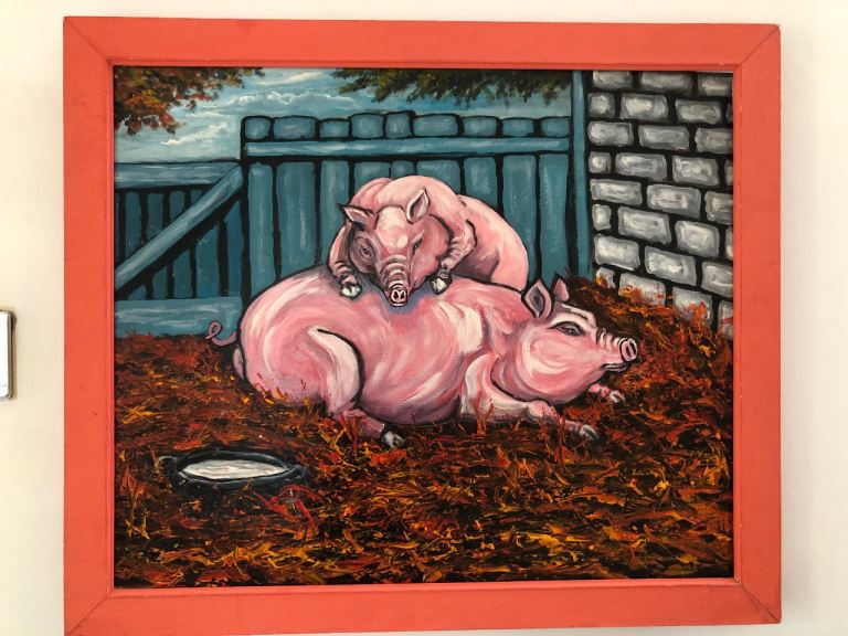 Charming Pig Painting in Orange Frame – Good Condition