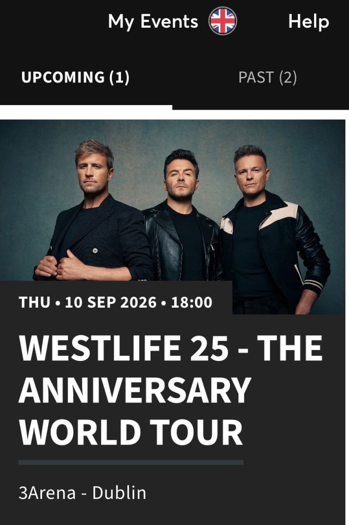 Westlife 25th Anniversary World Tour Ticket - 3Arena Dublin, 10 Sep 2026