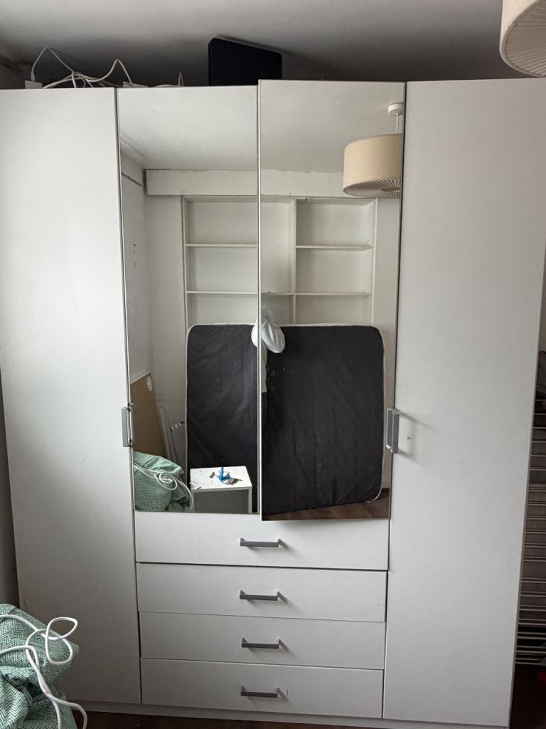 White Wardrobe with Mirrored Doors and Drawers – Good Condition