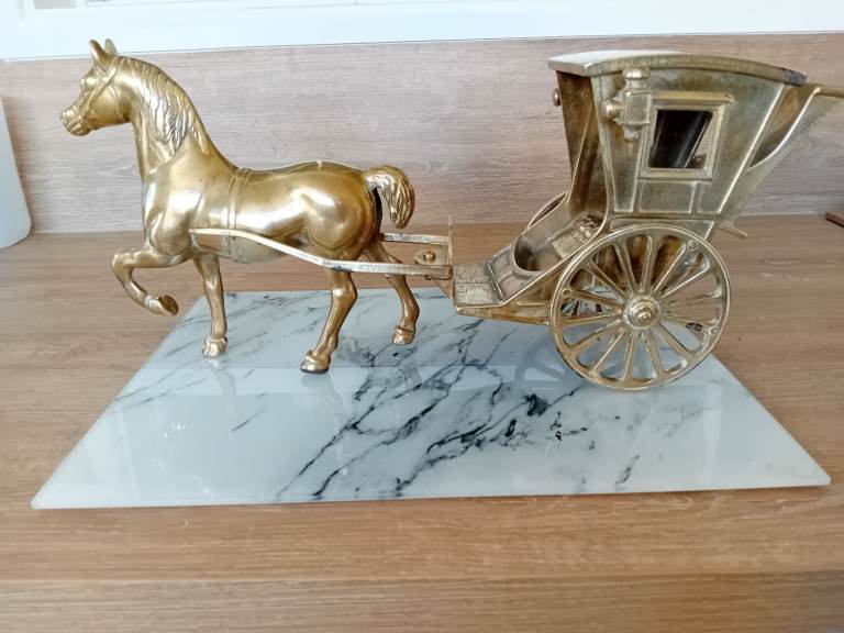 image for Large Vintage Solid Brass Horse & Carriage