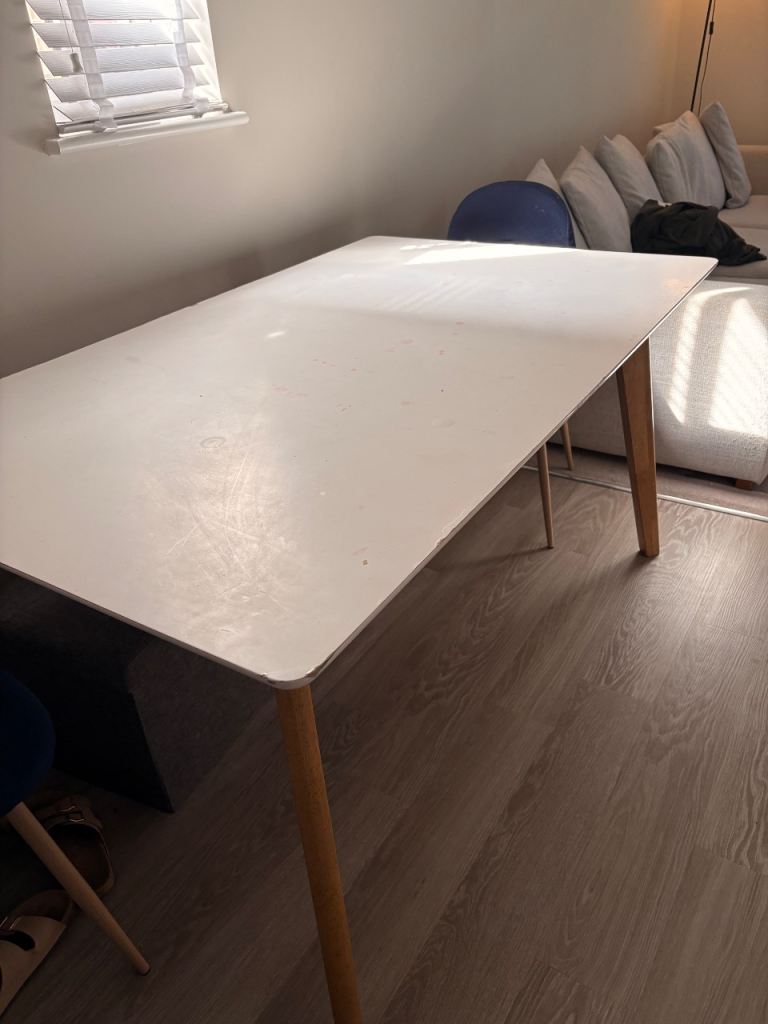 White Dining Table with Wooden Legs – Fair Condition