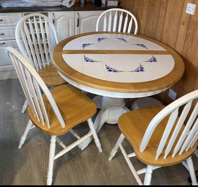 Wooden Dining Table and 4 Chairs – White and Pine, Good Condition