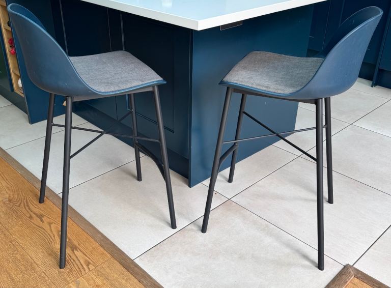 Pair of Modern Blue Bar Stools with Grey Cushions – Good Condition