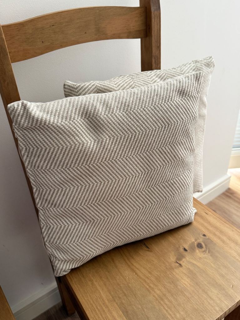Pair of Beige Herringbone Pattern Cushions – Good Condition
