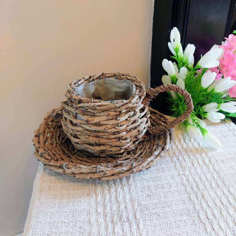Wicker Wood Cup And Saucer Garden Planter 