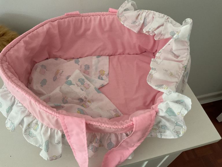 Pink Doll’s Moses Basket with Frills – Good Condition