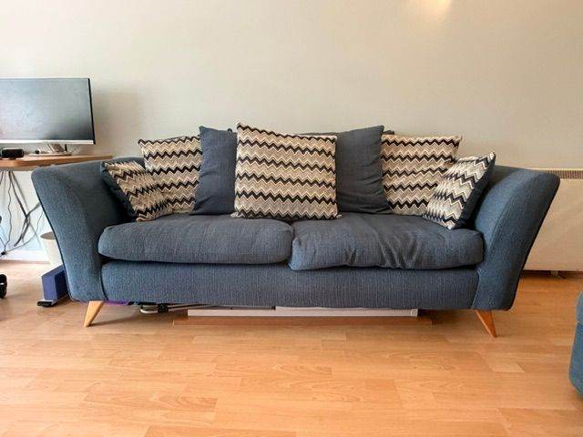 Comfy Blue Fabric Sofa with Matching Ottoman