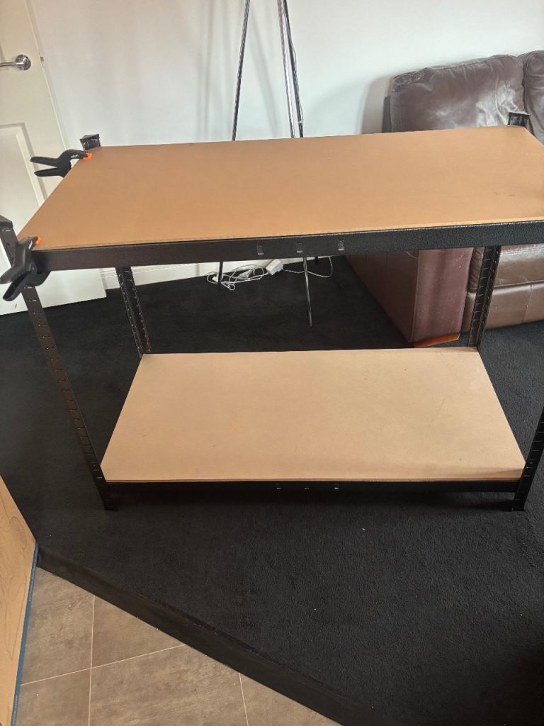 Sturdy Metal Shelving Unit with Two Wooden Tiers