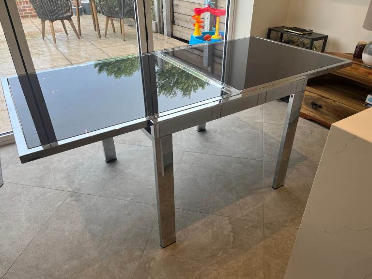 Modern Glass and Chrome Metal Extendable Dining Table