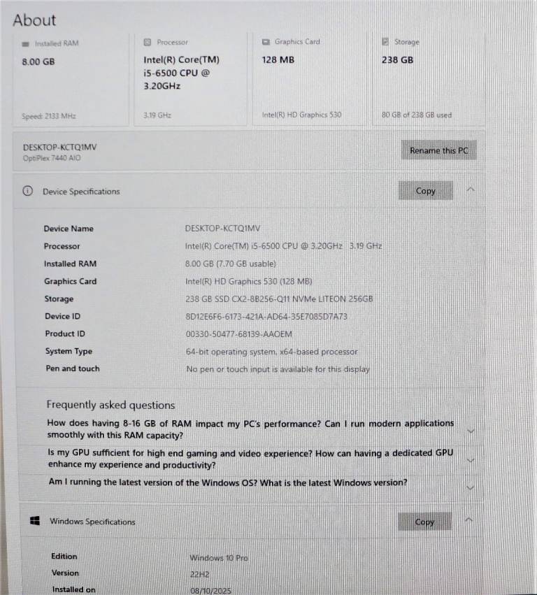 All-in-one Dell Optiplex 7440 AiO 23.8" PC (Windows 11, Intel Core i5 6500, 256GB SSD)