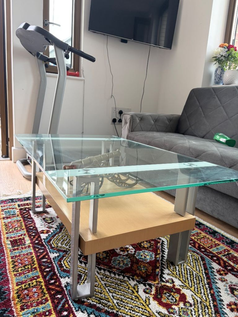Glass Coffee Table with Wooden Shelf – Good Condition