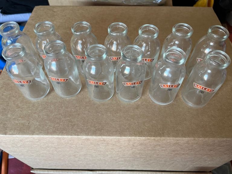 12 Baileys Mini Glass Bottles - Clear, Good Condition