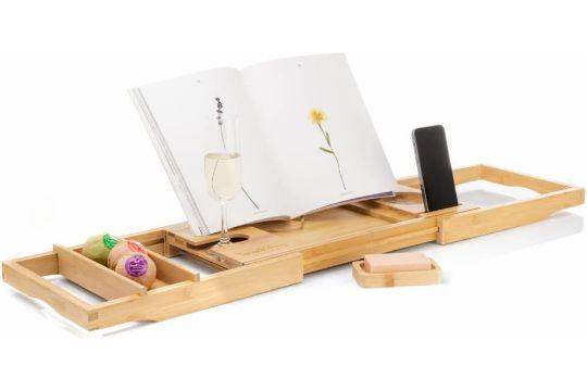 TranquilBeauty Sustainable Natural Bamboo Bath Board with Secure Slot Mechanism for iPad, Tablet