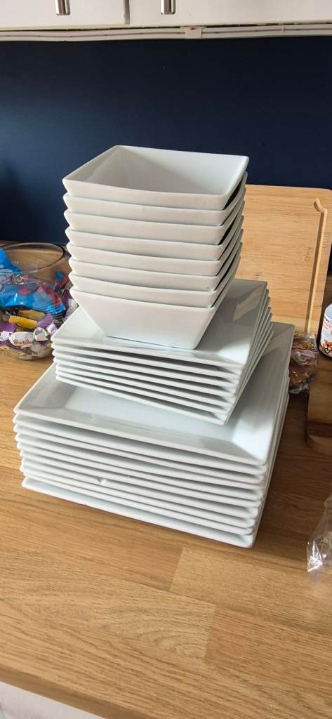 White Square Dinnerware Set – Plates and Bowls, Good Condition