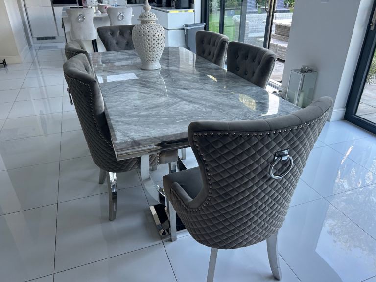 Grey Velvet Dining Table and 6 Chairs Set - Good Condition