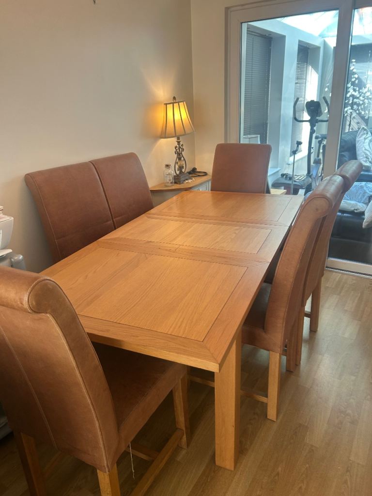 Light oak extending table + 6 leather high back chairs